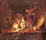 Still Life with Fruit, a Glass of Wine and a Bronze Vessel on a Ledge
